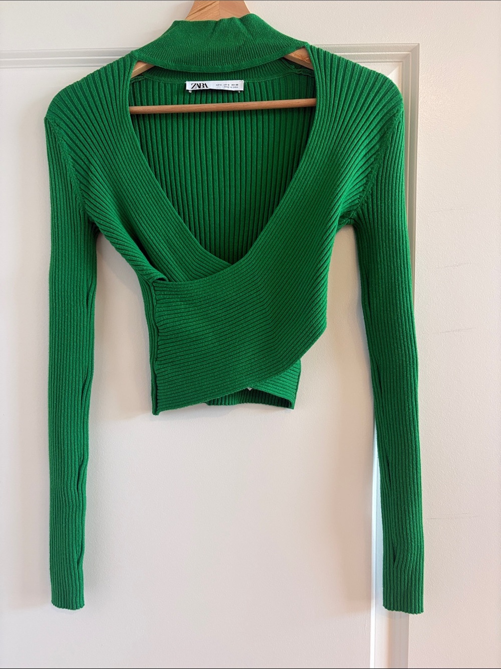 Zara Emerald Green Ribbed Wrap Sweater Crop Top